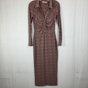 Her Bottari Mauve Geometric Midi Dress Ruched V-Neck Long Sleeve Size M